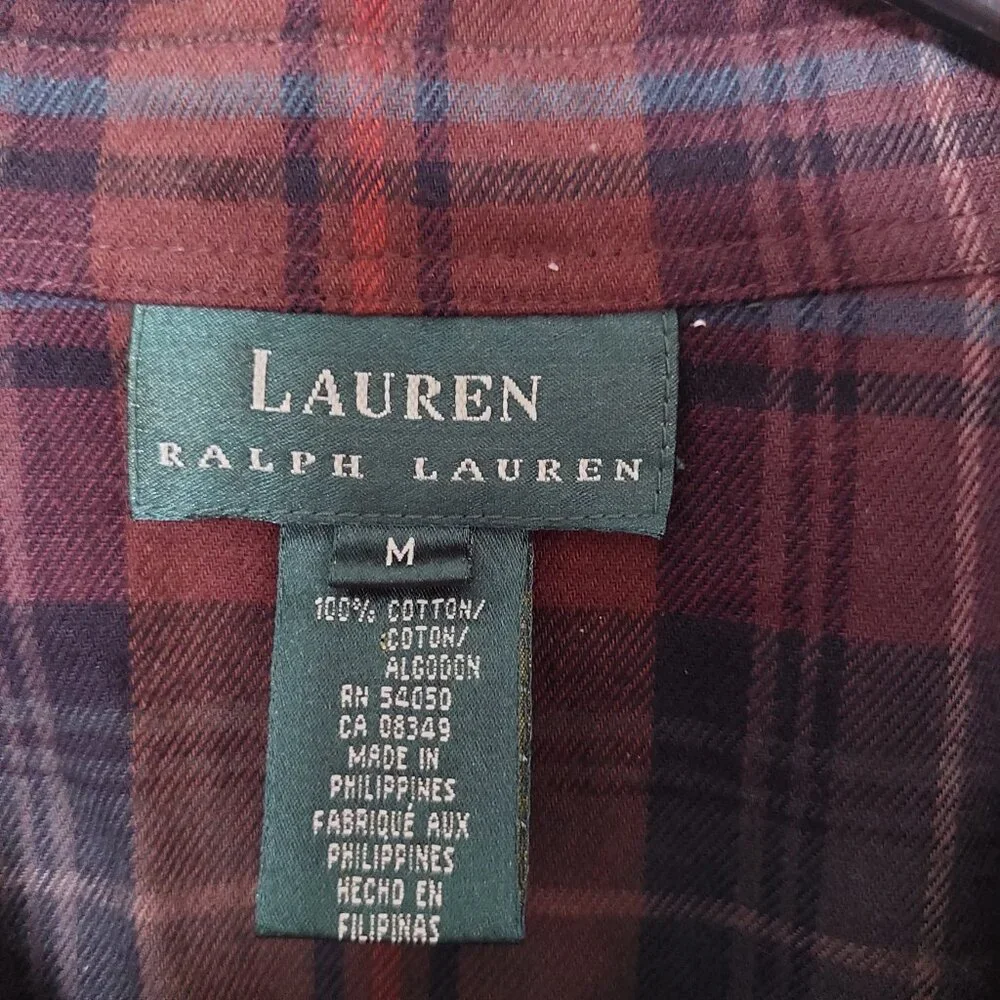 Lauren Ralph Lauren Women's M Plaid Flannel Button-up Shirt Brown 100% Cotton - Picture 3 of 8